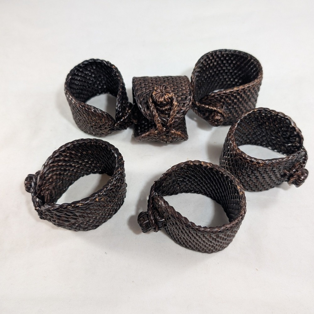 Set of 6 Vintage Woven Wicker Napkin Rings Dark Brown Espresso Boho Rustic Decor